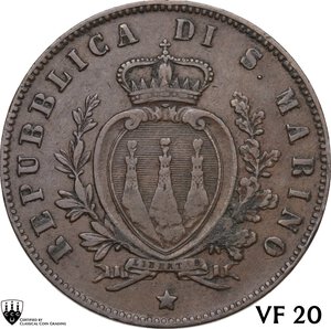 obverse: San Marino.  Vecchia monetazione (1864-1938). 5 Centesimi 1869