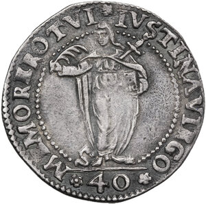 reverse: Venezia.  Alvise I Mocenigo (1570-1577). 40 soldi sigle M C (Marco Corner massaro dal 1575)