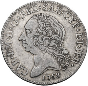 obverse: Carlo Emanuele III, monetazione per la Sardegna.. Mezzo scudo sardo 1768