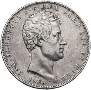 obverse: Carlo Alberto (1821-1831). 5 lire 1838 Genova