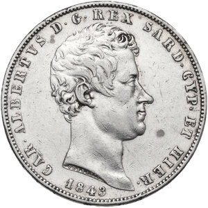 obverse: Carlo Alberto (1821-1831). 5 lire 1843 Genova