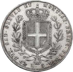 reverse: Carlo Alberto (1821-1831). 5 lire 1843 Genova