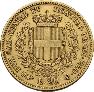 reverse: Vittorio Emanuele II (1849-1861), Re di Sardegna. 20 lire 1855 Torino