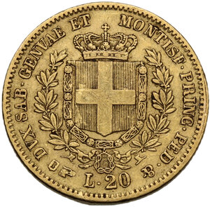 reverse: Vittorio Emanuele II (1849-1861), Re di Sardegna. 20 lire 1857 Torino