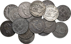 obverse: Vittorio Emanuele II  (1861-1878). Lotto di diciassette (17) monete da 5 Lire 1865 T, 1869 M, 1870 M, 1871 M (2), 1872 M, 1873 M (2), 1874 M (2), 1875 M, 1876 R (3), 1877 R (2), 1878 R