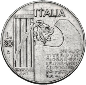 reverse: Vittorio Emanuele III (1900-1943). 20 Lire 1928 A. VI
