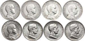 obverse: Italy..  Vittorio Emanuele III (1900-1943). Serie completa di otto (8) monete da una lira 1908, 1909, 1910, 1912, 1913, 1915, 1916, 1917