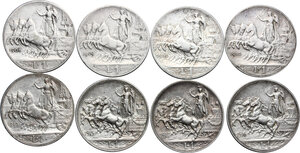 reverse: Italy..  Vittorio Emanuele III (1900-1943). Serie completa di otto (8) monete da una lira 1908, 1909, 1910, 1912, 1913, 1915, 1916, 1917