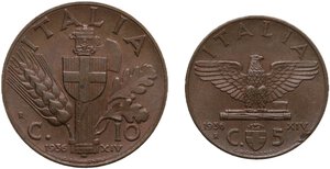 reverse: Vittorio Emanuele III (1900-1943). Lotto di due (2) monete da 10 e 5 centesimi 1936
