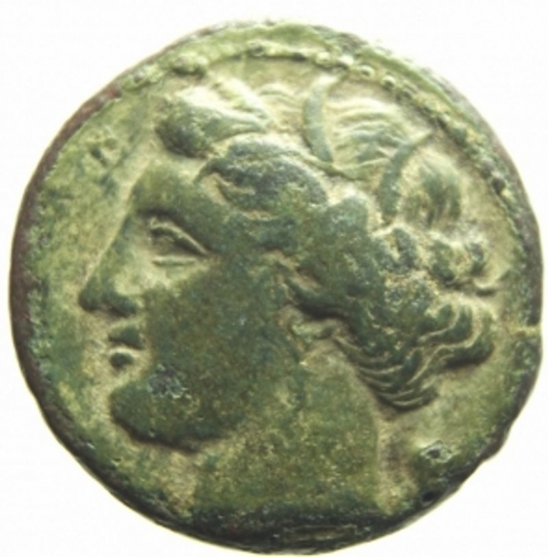 obverse: Mondo Greco. Sicilia. Siracusa. 274-216 a.C. AE. D/ Testa di Kore a sinistra. R/ Toro cozzante a sinistra. Calciati II, 347, 191 (var.). Peso 5,90 gr. Diametro 22,00 mm. BB+. Bella patina verde. R.