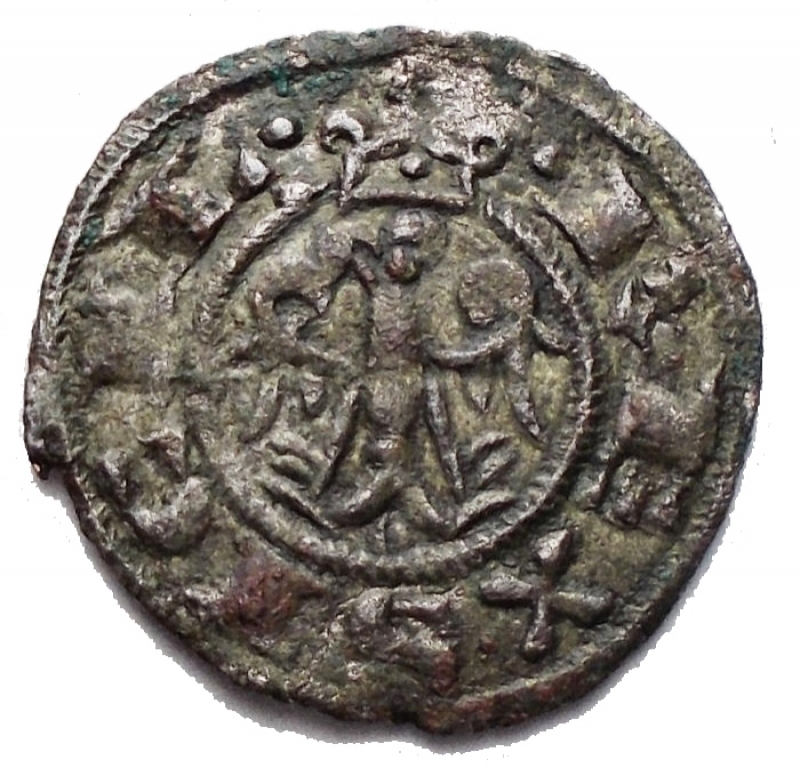 obverse: Brindisi o Messina -Federico II (1197-1250).Mezzo denaro 1221 con aquila a sinistra.Sp.108.MI.g 0,48. Molto Raro.RR.BB-SPL.Probabilmente coniato a Messina.