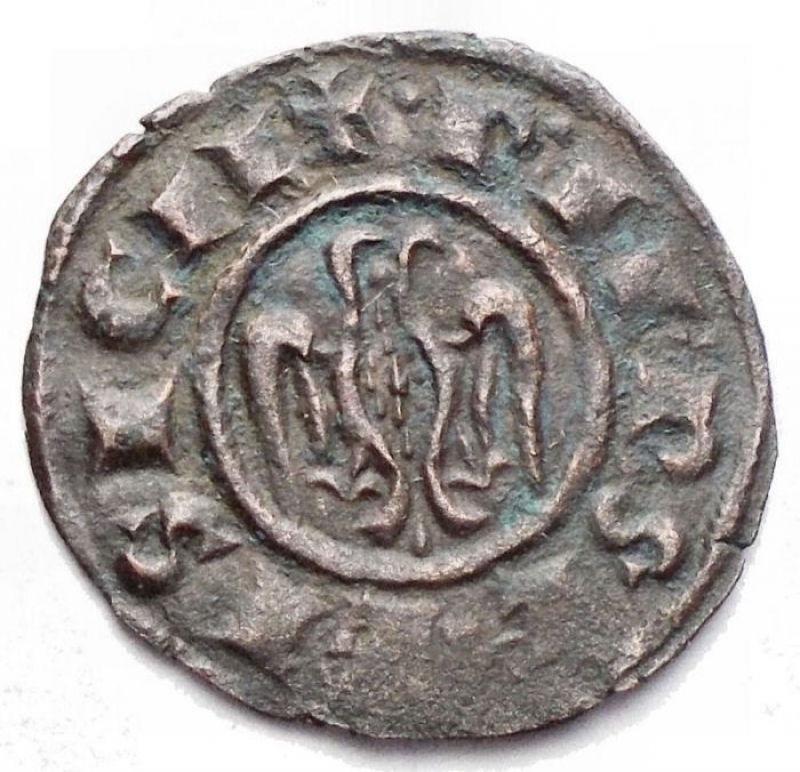 reverse: Zecche Italiane -Messina o Brindisi.Federico II (1197-1250).Denaro del 1244.D/ Testa nuda a sinistra.R/ Aquila.gr 0,81.Sp. 128.R.MI.BB++