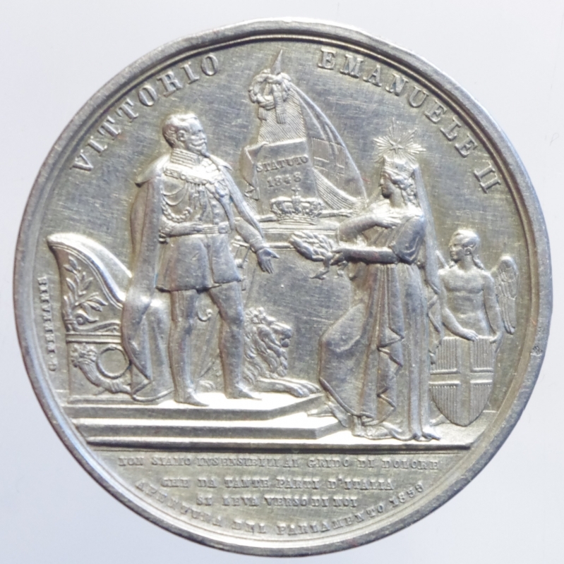 obverse: Medaglie e Placchette.Vittorio Emanuele II.Ar.Apertura del Parlamento Italiano 1859. Statuto del 1848.FDC.RR.gs