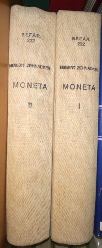 reverse: Libri di Numismatica.H.Zehnacker .Moneta-Recherches sur l organisation et l  art des emissions monetaires de la republique romaine.2 Volumi.Ecole francaise de Rome.Palazzo Farnese.1973.