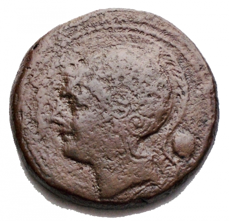 obverse: Repubblica Romana -Serie semilibrale.Oncia, 217-215 a.C.D/ Testa di Roma a sinistra. Dietro, un globetto.R/ Prua a destra. Sopra, ROMA. Sotto, un globetto.Cr. 38/6.gr. 10,94.mm 23,61.AE.qBB. Patina marrone rossa.La prima oncia coniata.