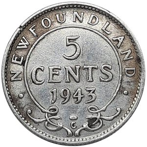 obverse: NEW FOUNDLAND, George VI,  5 cents argento 1943