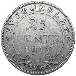 obverse: NEW FOUNDLAND, George V,  25 cents argento 1917