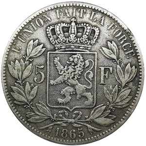 obverse: BELGIO, Leopoldo Premier 5 francs argento 1865