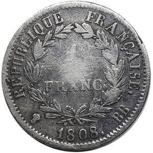 obverse: FRANCIA  ,Napoleone ,1 franc argento 1808 zecca BB