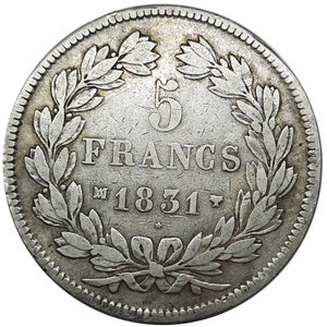 obverse: FRANCIA  ,Louis Philippe ,5 francs argento 1831 zecca MA (Marsiglia)