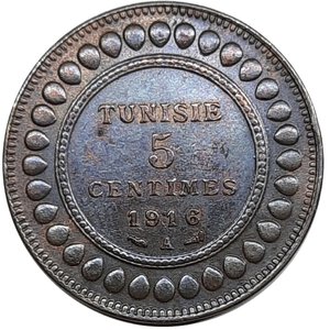 obverse: TUNISIA, 5 centimes 1916