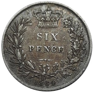 obverse: GRAN BRETAGNA, Victoria queen, Six pence argento 1864 ECCELSA