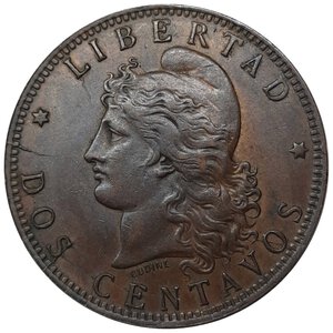 obverse: ARGENTINA , 2 centavos 1891, Fratture di conio,  tracce rosse