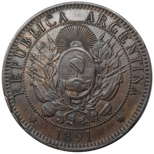 reverse: ARGENTINA , 2 centavos 1891, Fratture di conio,  tracce rosse