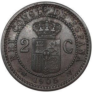 obverse: SPAGNA , Alfonso XIII, 2 Centimos 1905