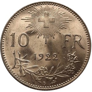obverse: SVIZZERA , 10 Francs oro (Mezzo marengo) 1922  QFdc