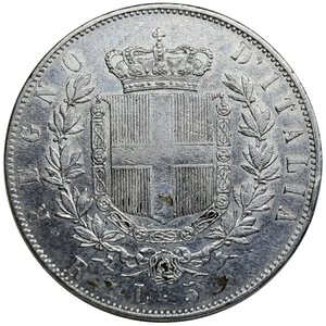 obverse: Errori, Vittorio Emanuele II, 5 lire argento 1877 Roma, Frattura di conio SPL
