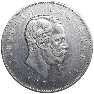 reverse: Errori, Vittorio Emanuele II, 5 lire argento 1877 Roma, Frattura di conio SPL