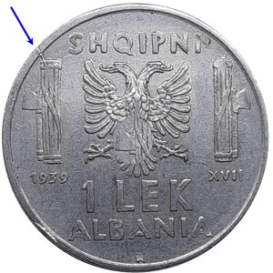 obverse: Colonia Albania, 1 Lek 1939 magnetico , Esubero di metallo