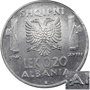 obverse: Colonia Albania, 0,20 Lek 1940 , Esubero di metallo Sulla A