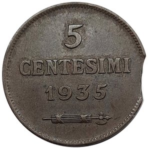 obverse: San Marino,  5 Centesimi 1935 Tranciatura Del Tondello