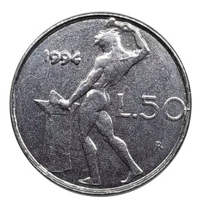 obverse: Repubblica Italiana , 50 lire 1994 , Data Ribattuta