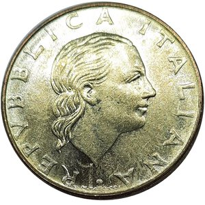 obverse: Repubblica Italiana , 200 lire 1977  mezzaluna in Incuso sotto il collo, FDC