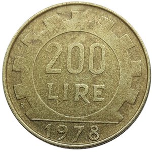 reverse: Repubblica Italiana , 200 lire 1978  mezzaluna in Rilievo sotto il collo,rara