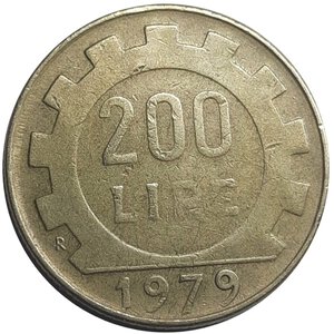reverse: Repubblica Italiana , 200 lire 1979 Testa Pelata ,Rara, 