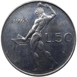 obverse: Repubblica Italiana , 50 lire 1963 spl+ segni al diritto