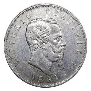 obverse: Regno d Italia, Vittorio Emanuele II , 5 Lire argento 1864 Napoli Eccellente BB/SPL