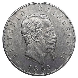 obverse: Regno d Italia, Vittorio Emanuele II , 5 Lire argento 1869 Milano Eccellente BB/SPL