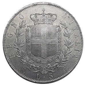 reverse: Regno d Italia, Vittorio Emanuele II , 5 Lire argento 1869 Milano Eccellente BB/SPL