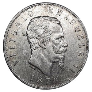 reverse: Regno d Italia, Vittorio Emanuele II , 5 Lire argento 1870 Milano Eccellente BB/SPL