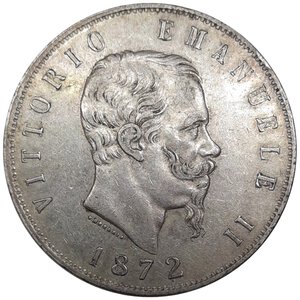 reverse: Regno d Italia, Vittorio Emanuele II , 5 Lire argento 1872 Milano Eccellente BB/SPL