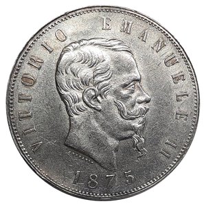 obverse: Regno d Italia, Vittorio Emanuele II , 5 Lire argento 1875 Milano Eccellente SPL