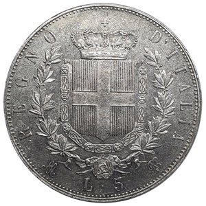 reverse: Regno d Italia, Vittorio Emanuele II , 5 Lire argento 1875 Milano Eccellente SPL