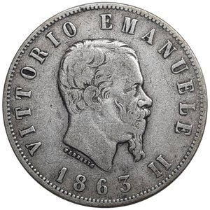 reverse: Regno d Italia, Vittorio Emanuele II , 2 Lire argento Valore 1863 Zecca Napoli