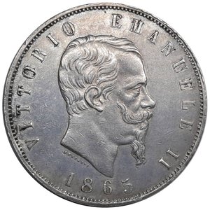 reverse: Regno d Italia, Vittorio Emanuele II , 5 Lire argento 1865 Napoli Eccellente SPL