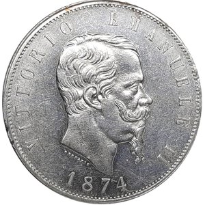 reverse: Regno d Italia, Vittorio Emanuele II , 5 Lire argento 1874 Milano Eccellente QSPL
